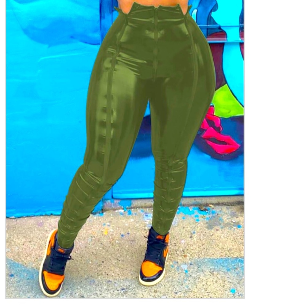 Olive Patent Leather Pants